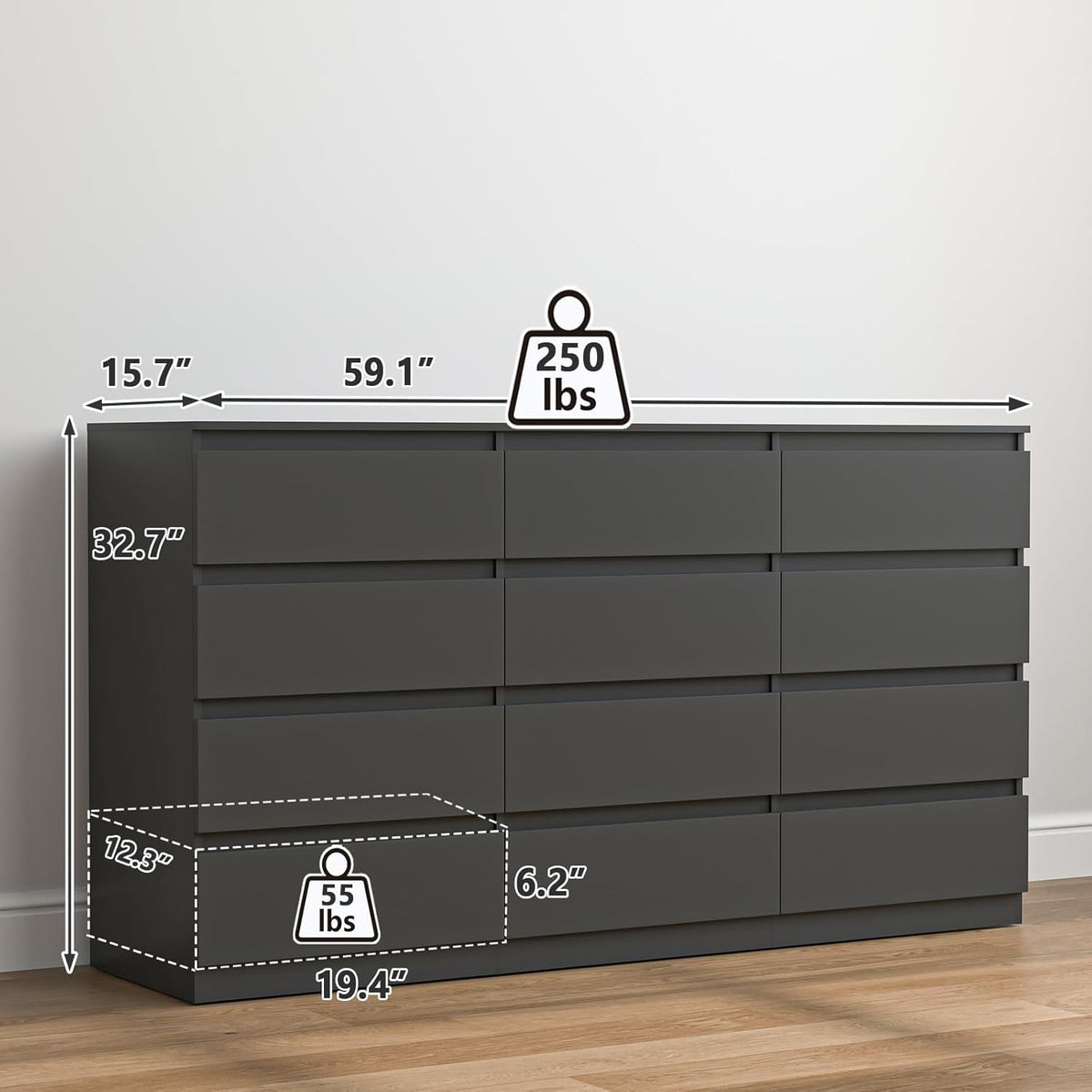 Hommoo Black 12 Drawer Dresser Modern Long Wood Chest of Drawers for Bedroom & Living Room Storage hommoo Hommoo Black 12 Drawer Dresser Modern Long Wood Chest of Drawers for Bedroom & Living Room Storage hommoo