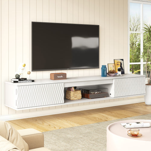 White textured-door floating TV console mounted in a furnished room