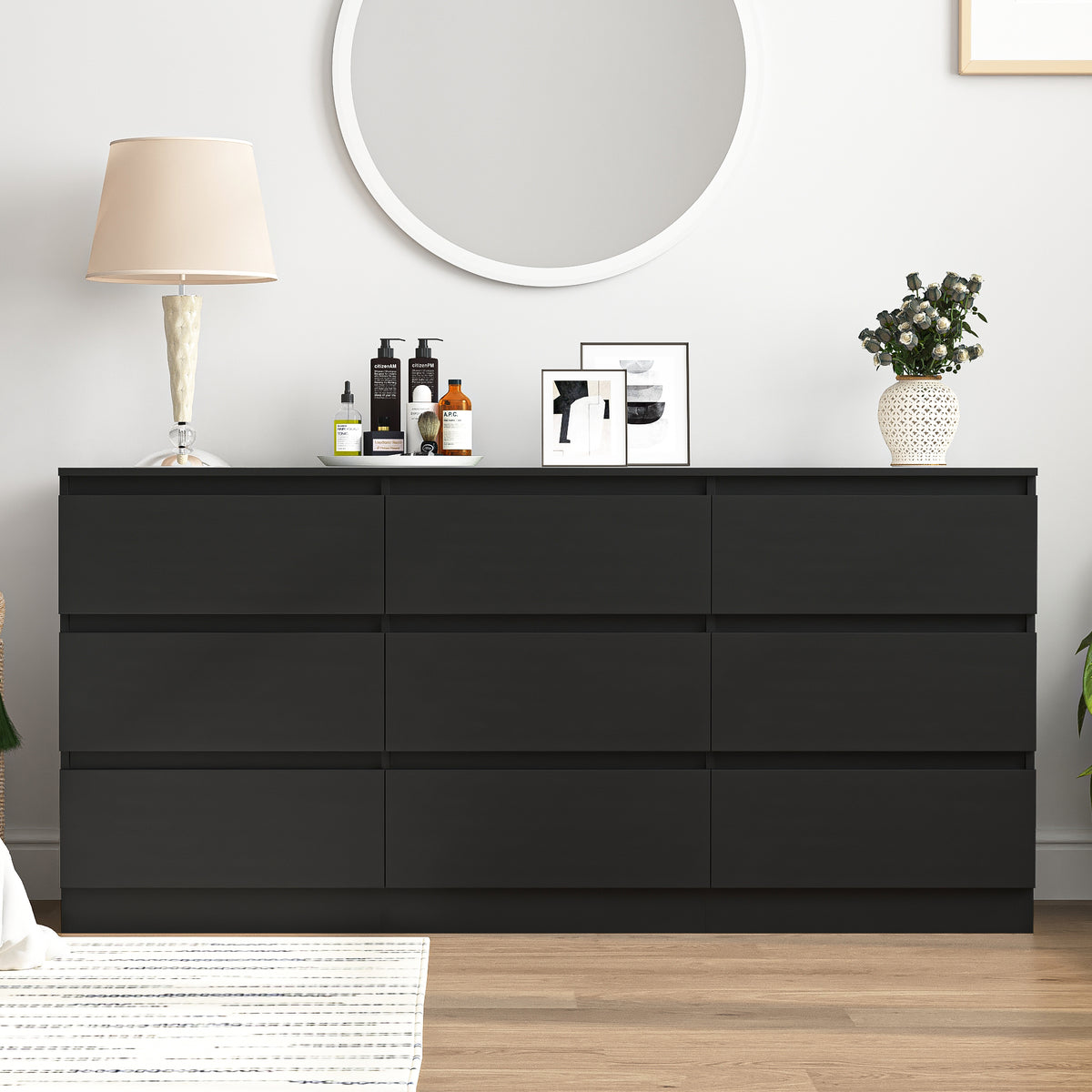Hommoo Black 9 Drawer Dresser, Wood Modern Storage Cabinet Dresser Organizer, Chest of Drawers for Living Room, Closet, Hallway, Nursery, Size: 59.1