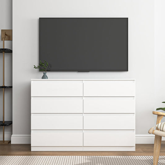 White 8-drawer dresser positioned beneath a television