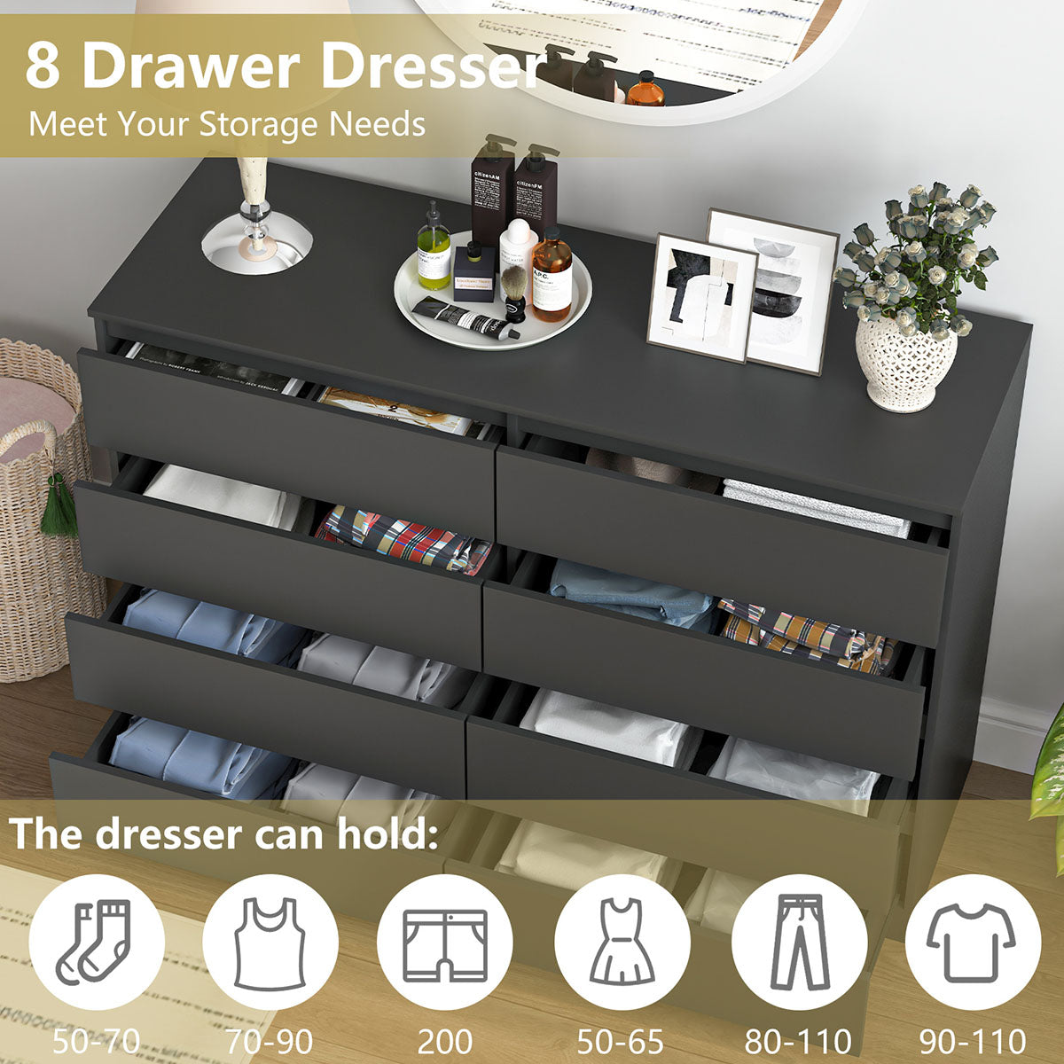 Hommoo Black Dresser for Bedroom – Modern 8 Drawer Wide Chest with Deep Storage & TV Stand – hommoo