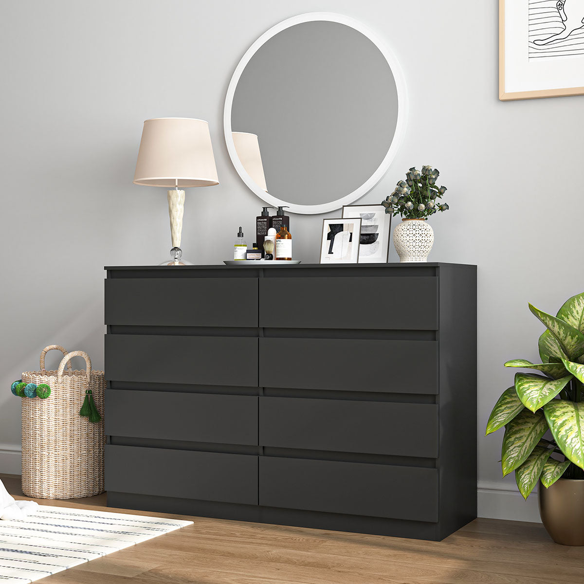 Hommoo Black Dresser for Bedroom – Modern 8 Drawer Wide Chest with Deep Storage & TV Stand – hommoo