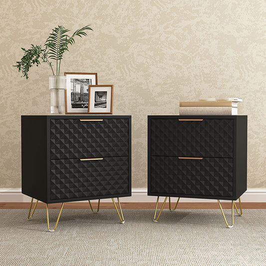 Pair of black geometric-front nightstands with metal legs