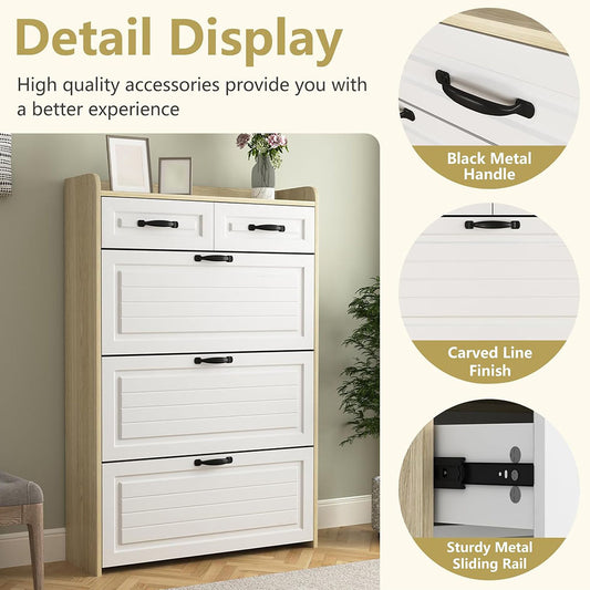 Close-up of white drawer fronts, handles and shoe cabinet hardware