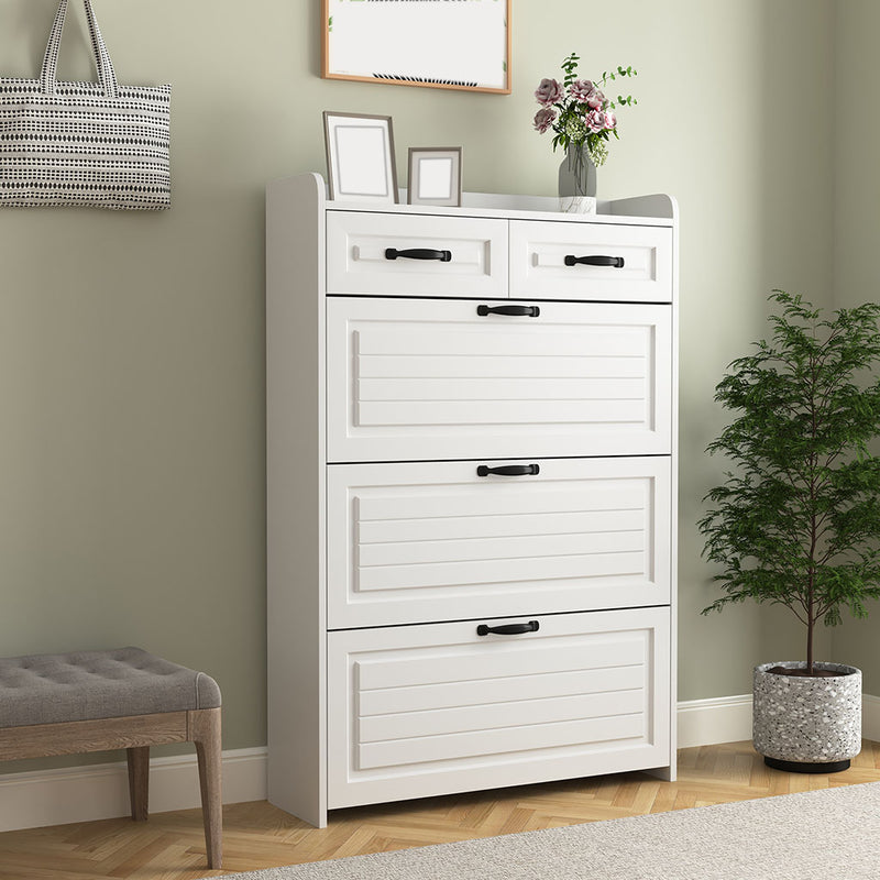 White slim shoe cabinet with three closed flip drawers and two top drawers