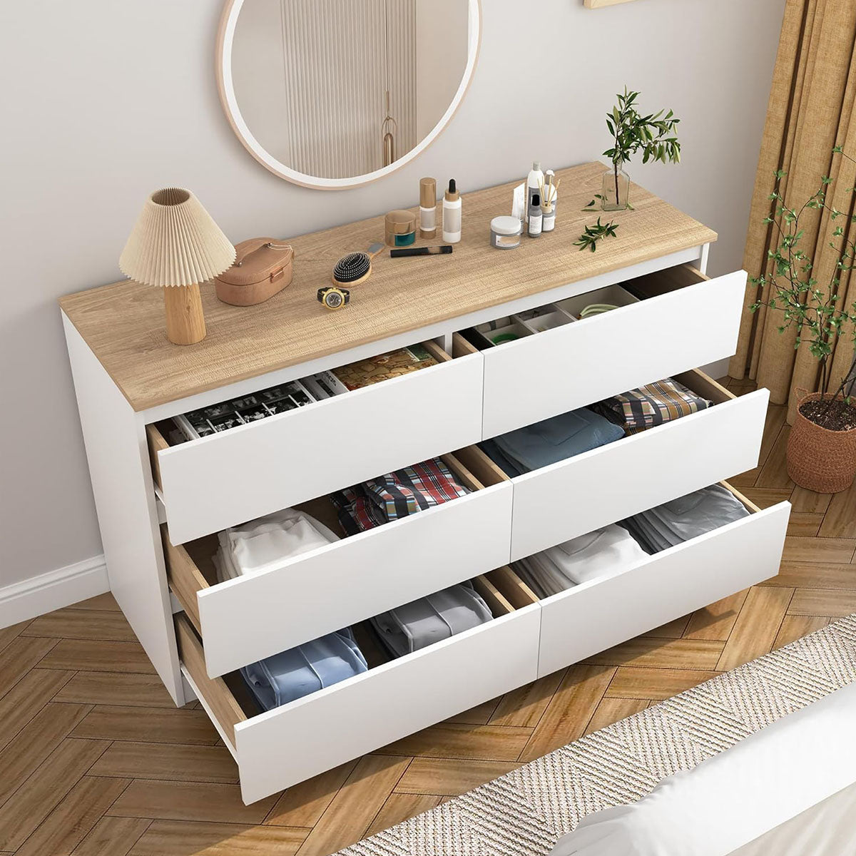 Hommoo White Dresser for Bedroom – Modern 6 Drawer Handleless Chest & TV Stand – hommoo