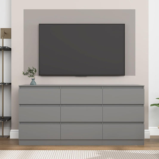 Gray wide nine-drawer dresser beneath a television