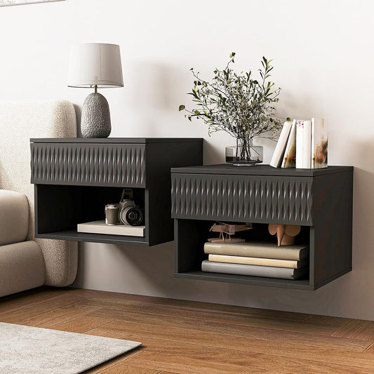 Pair of black wall-mounted nightstands with drawers and shelves