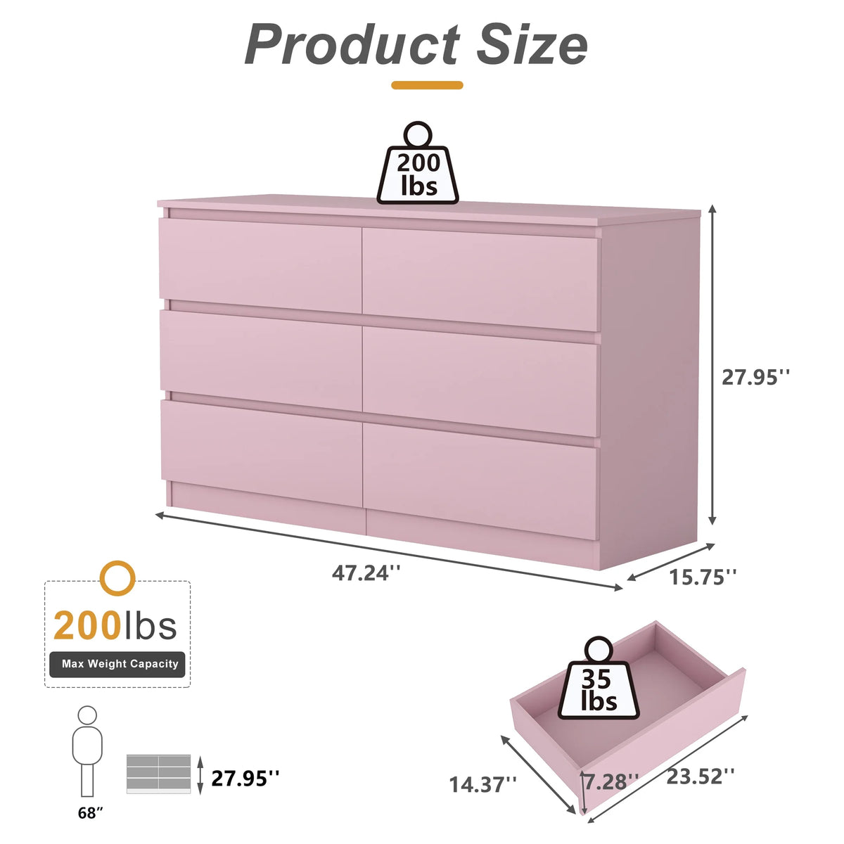 Pink 6-drawer dresser with overall dimension labels