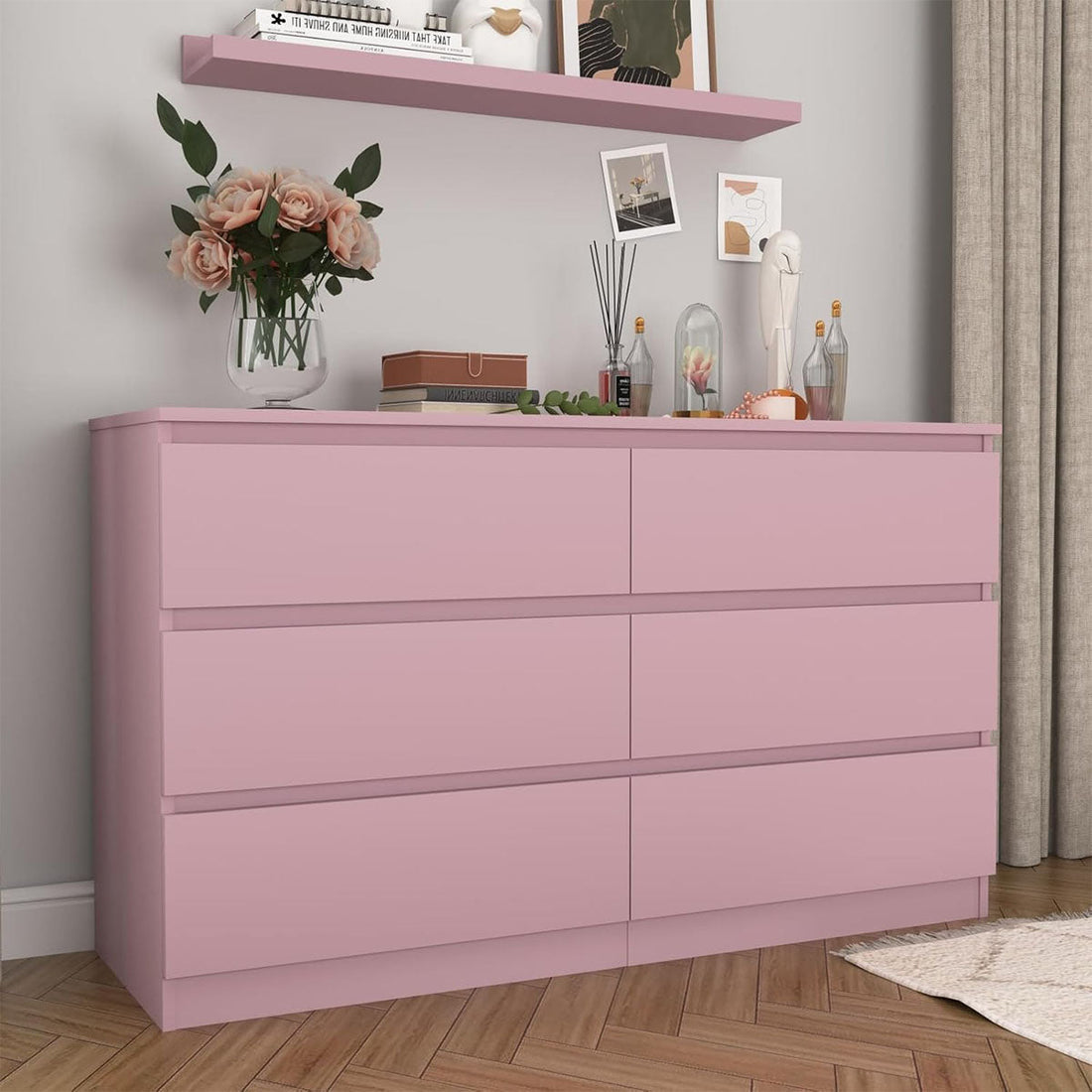 Modern Pink 6-Drawer Double Dresser – Sleek Minimalism Meets Practical Storage