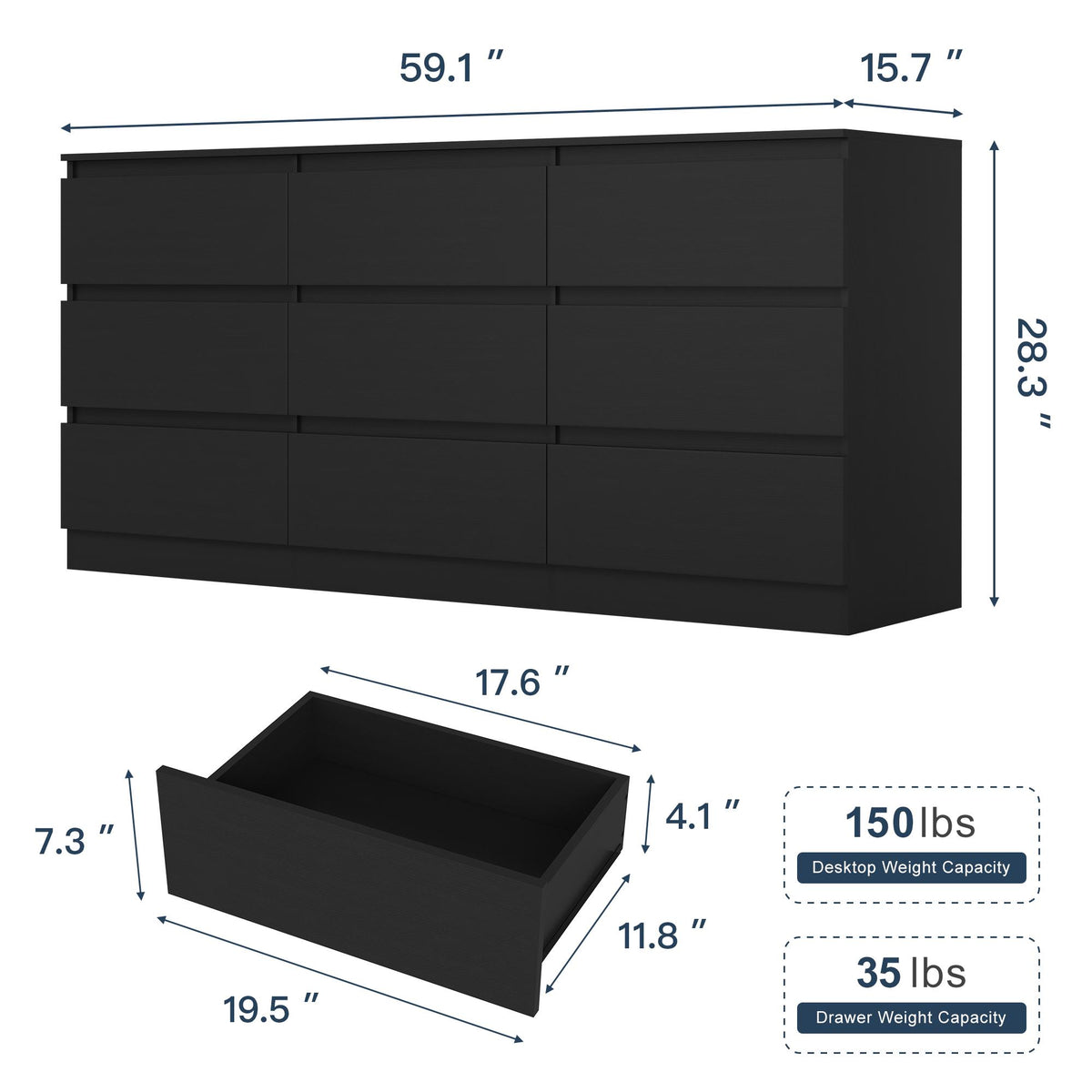 Overall dimensions of black 59.1-inch nine-drawer dresser
