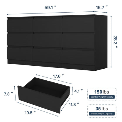 Overall dimensions of black 59.1-inch nine-drawer dresser