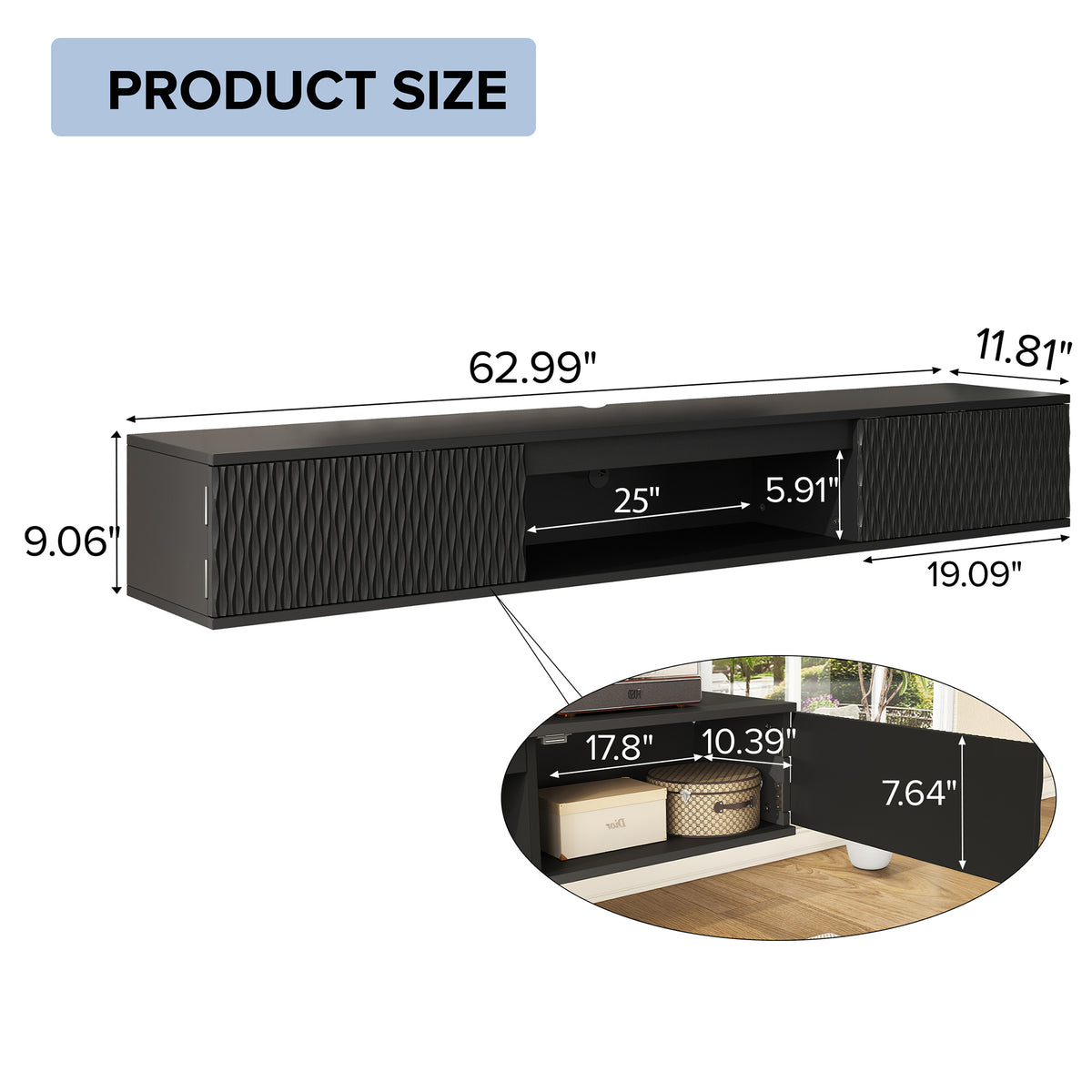 Overall dimensions of 63-inch floating media console