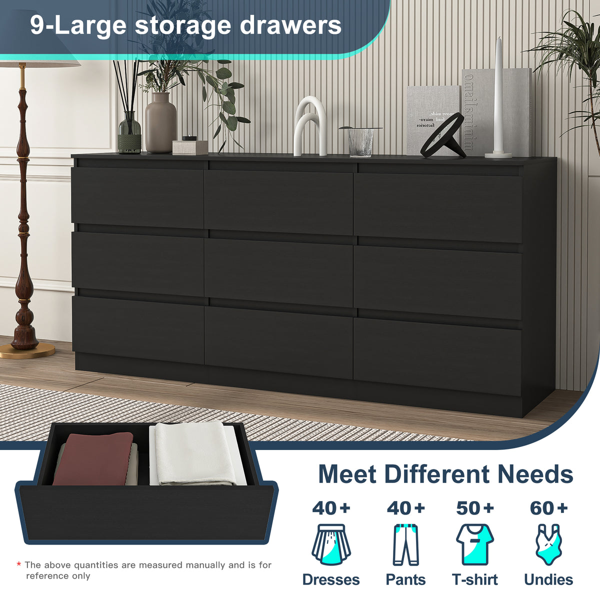 Storage illustration showing nine drawers in the black dresser
