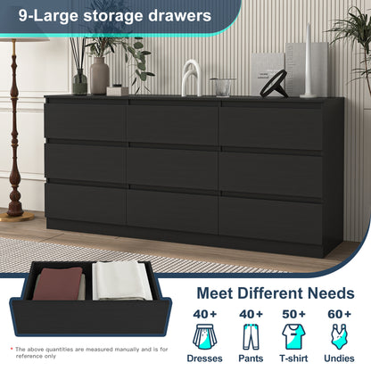 Storage illustration showing nine drawers in the black dresser