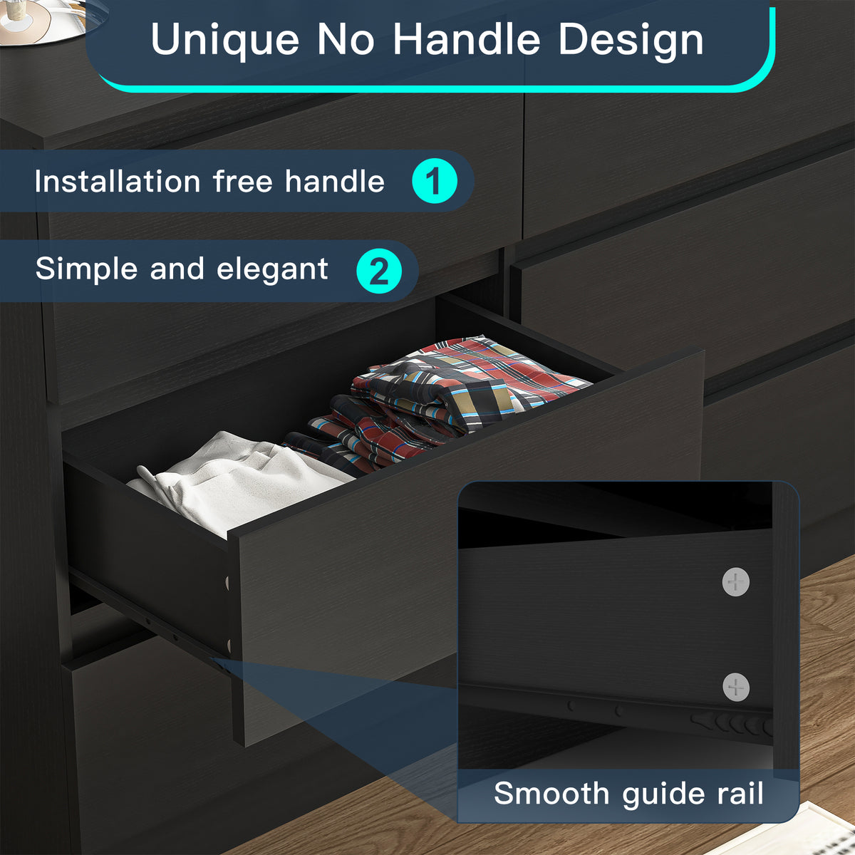 Details of black dresser handleless fronts and metal drawer slides