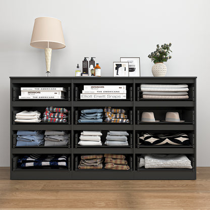 Storage layout of black dresser with twelve drawers