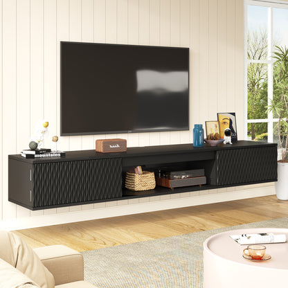 Front view of black wall-mounted TV console