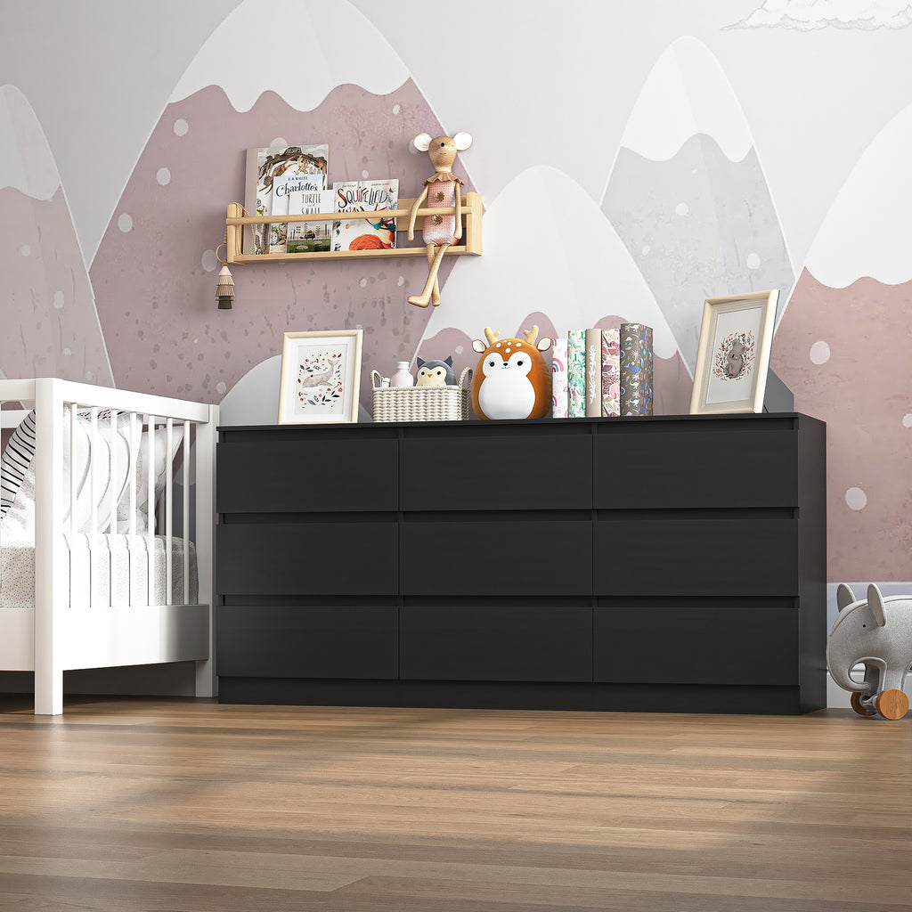 Hommoo Modern Wide Black Dresser with 9 Drawers,Chest of Drawer Storag   hommoo