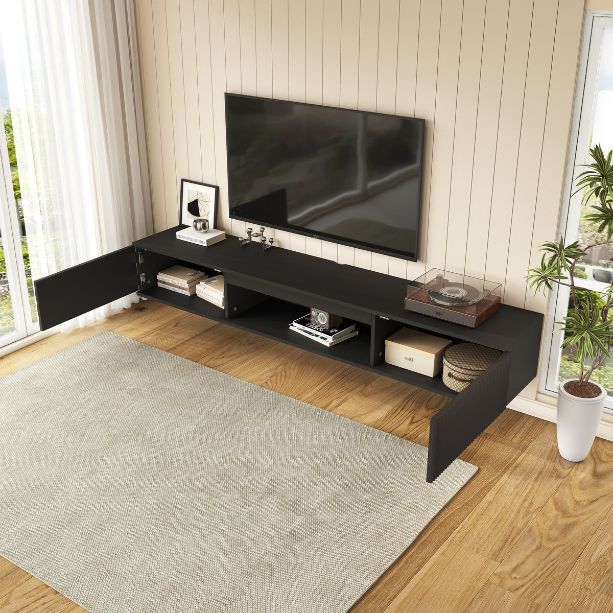 Black floating console with both side cabinet doors open