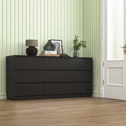 Black nine-drawer dresser in a living space