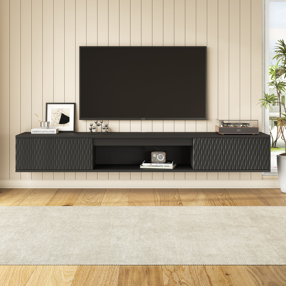Alternate front view of black textured-door floating TV stand