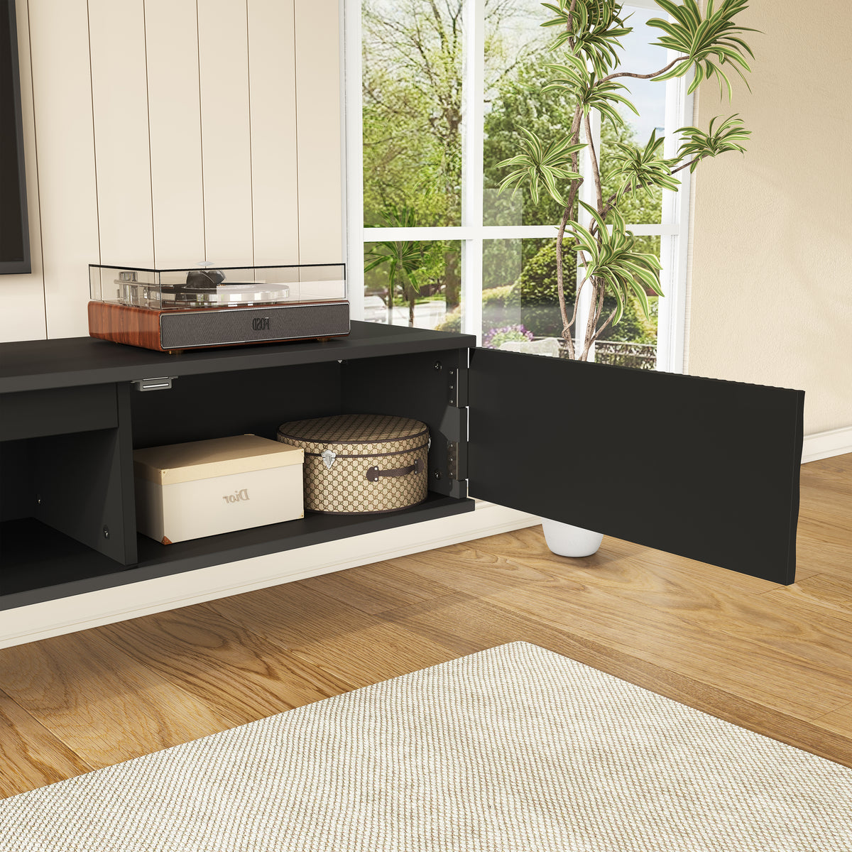 Close-up inside the black media console side cabinet