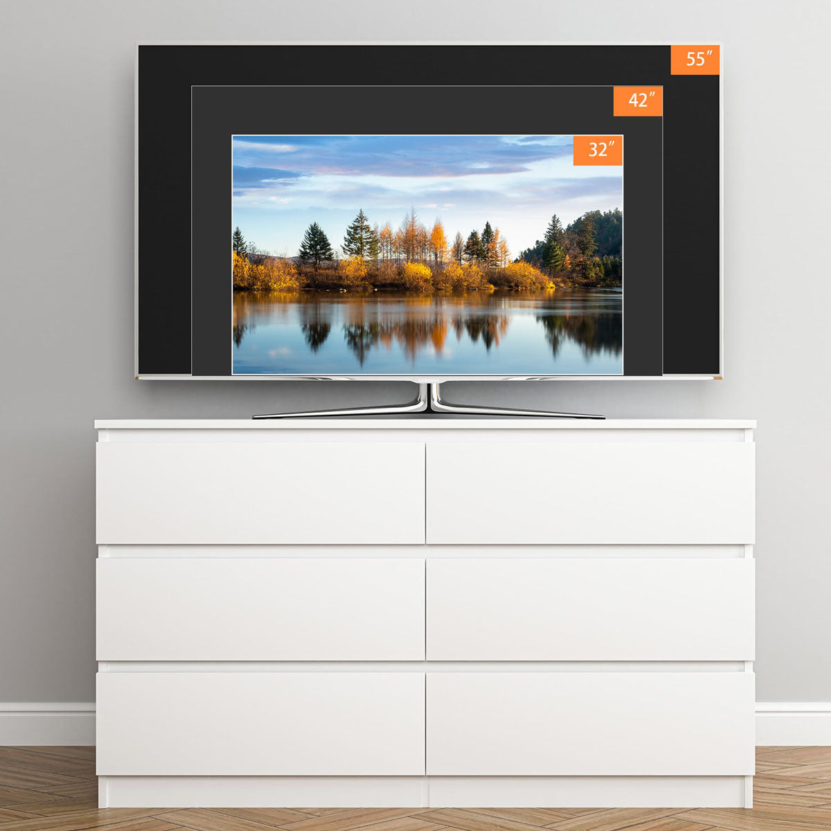 White handleless double dresser beneath a television