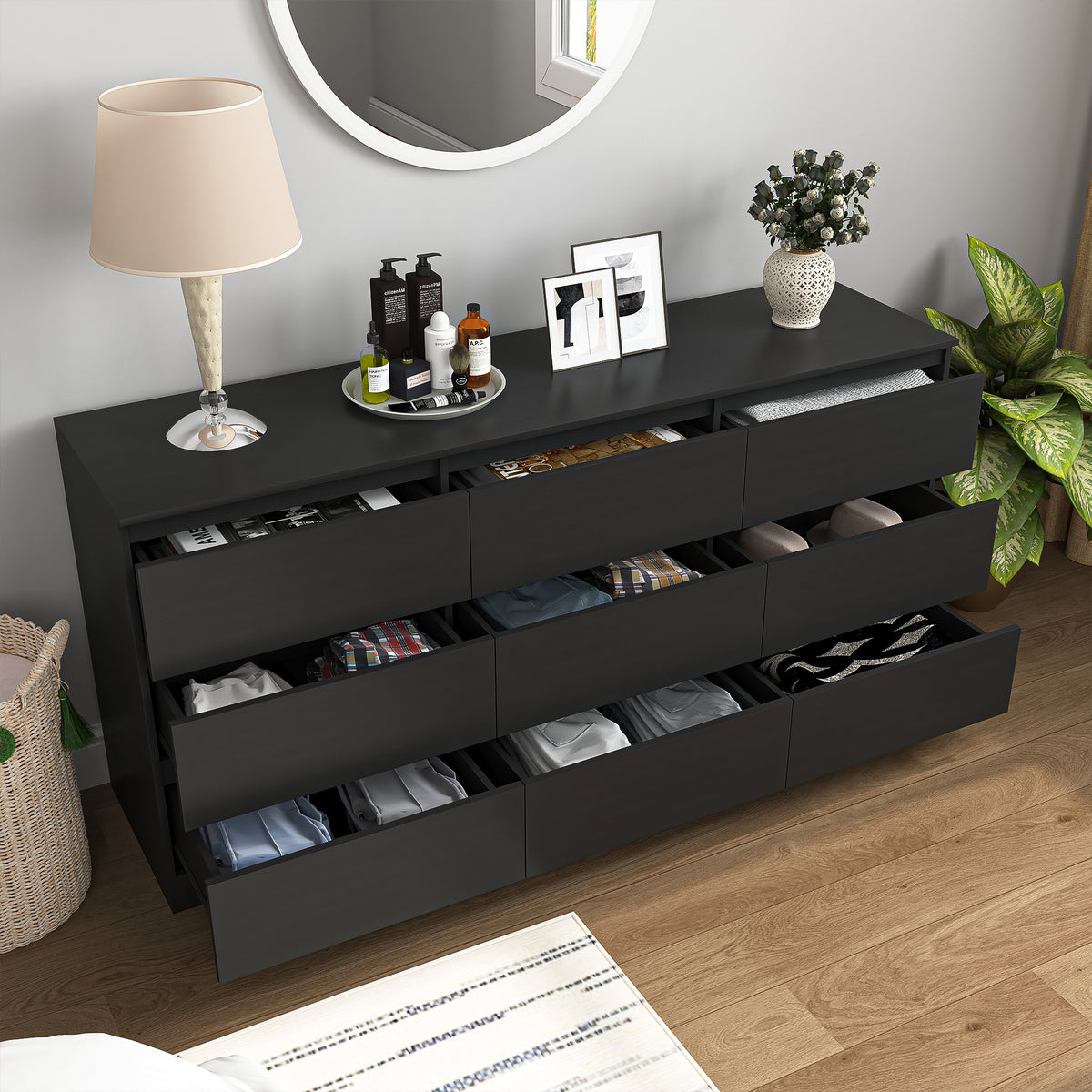 Black nine-drawer dresser with storage drawers open