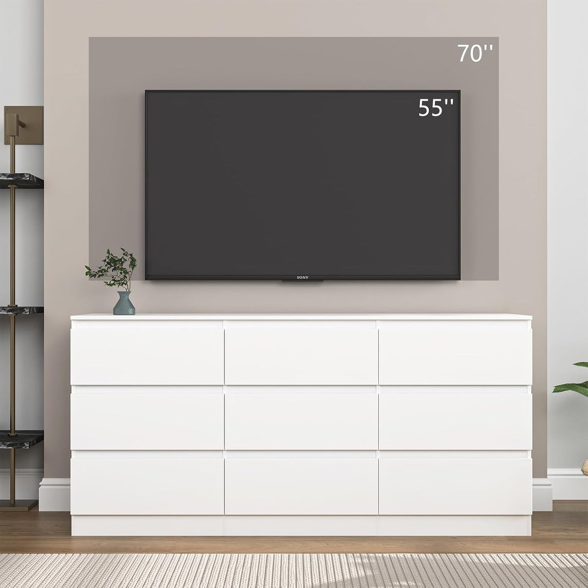 White nine-drawer dresser shown beneath a wall-mounted television