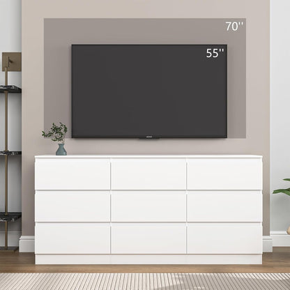 White nine-drawer dresser shown beneath a wall-mounted television