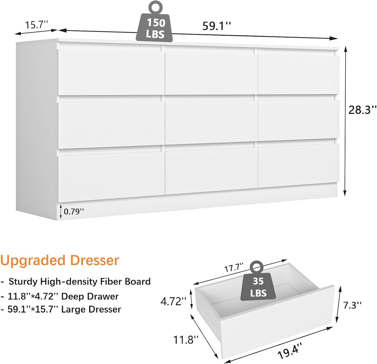 Supplier dimension diagram showing the white nine-drawer dresser and an individual drawer