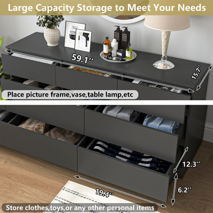 Black twelve-drawer dresser showing open storage and product details