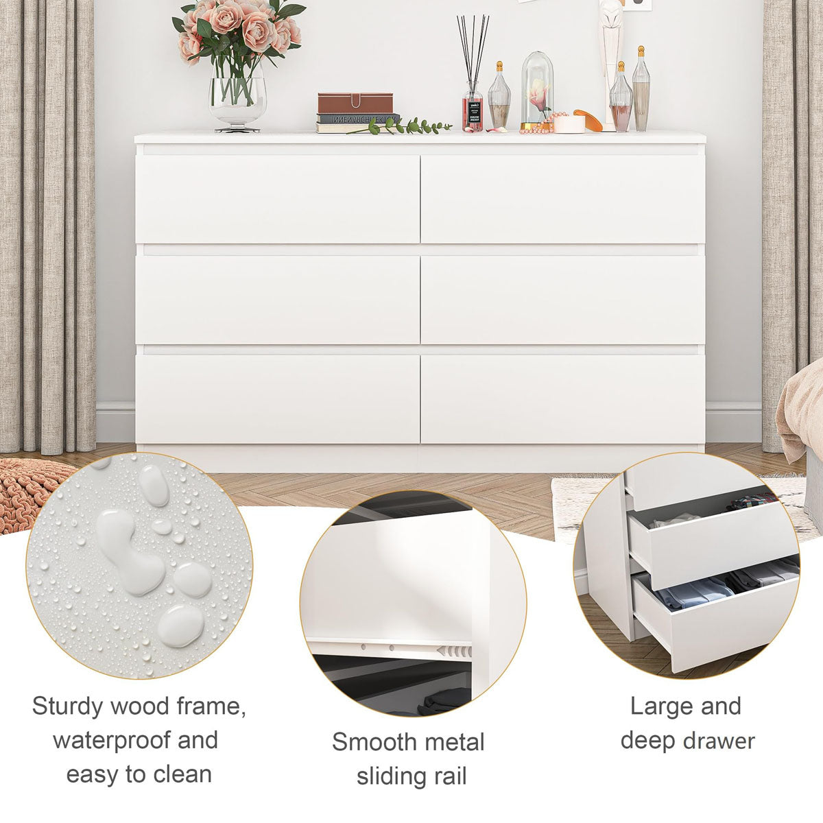 Details of the white dresser surface, drawers and metal slides