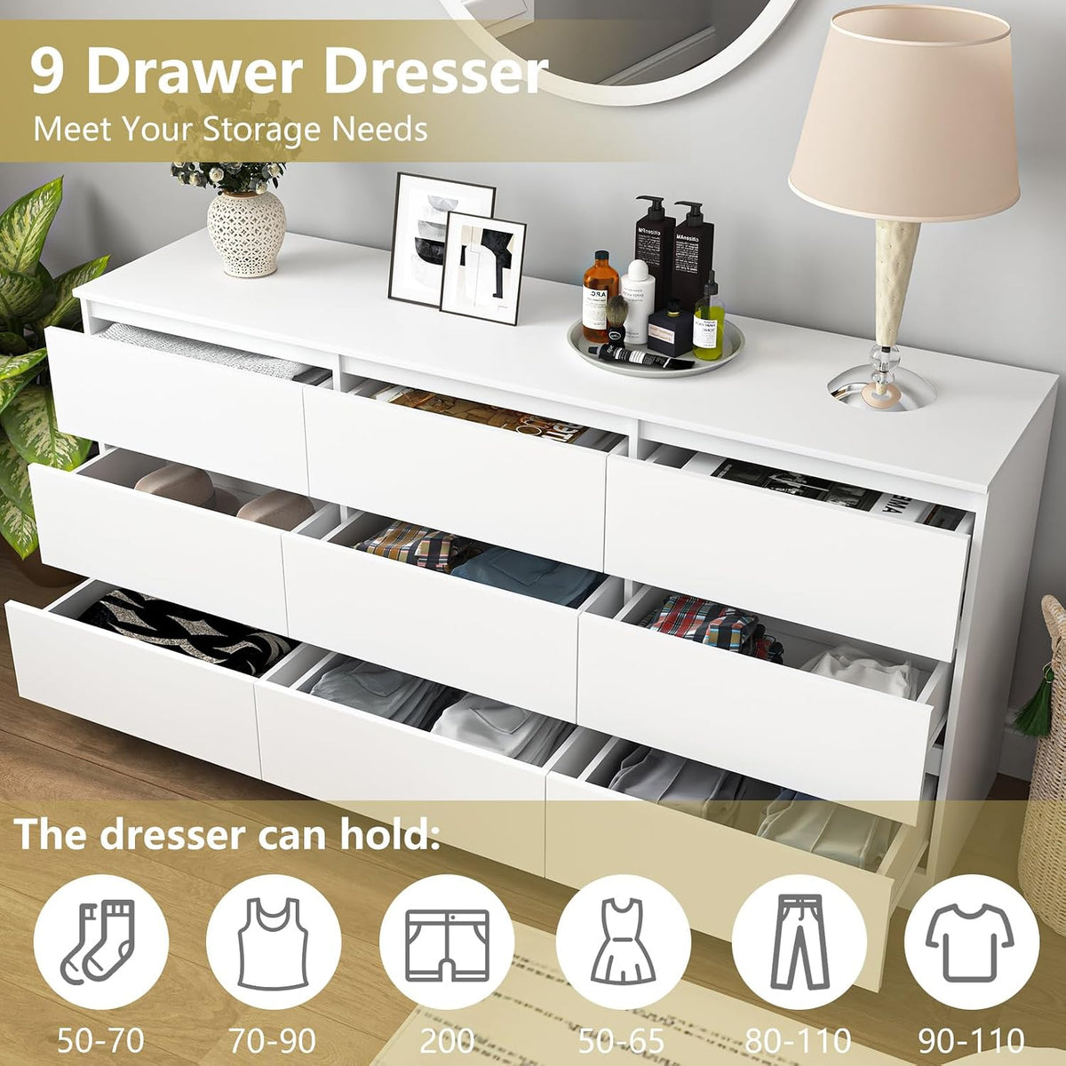 Open white dresser drawers showing folded clothing and storage compartments