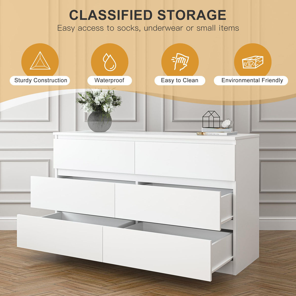 Close-up of the white dresser drawer fronts and surface
