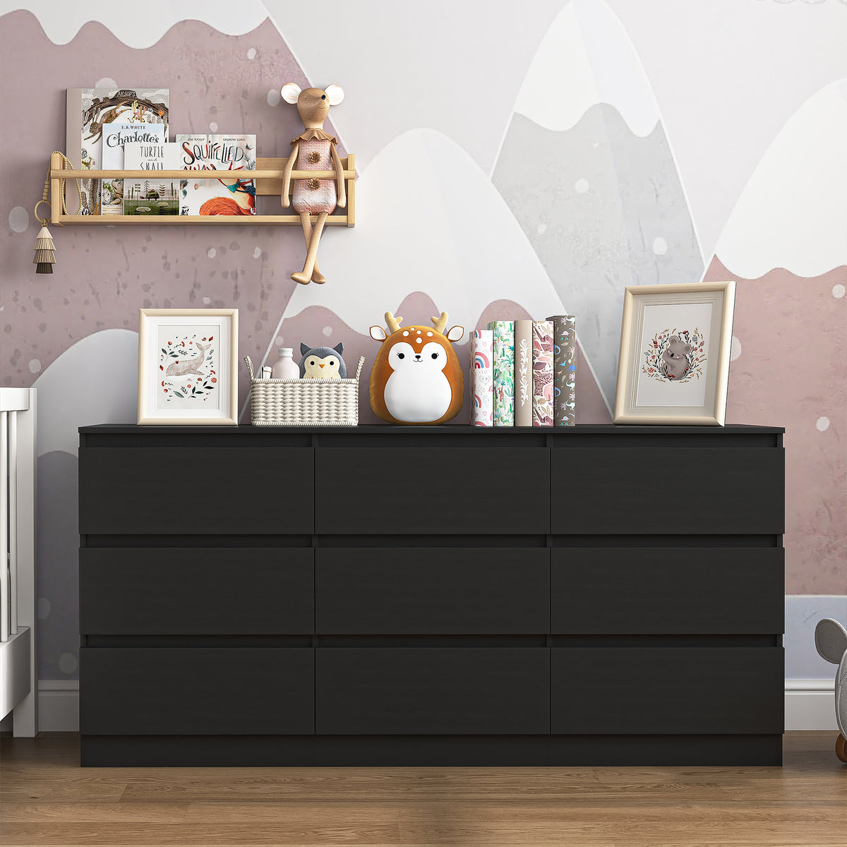Alternate styled view of the black wide storage dresser