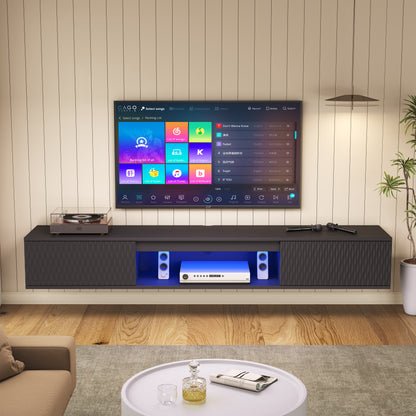 Black floating TV console with RGB LED lighting illuminated