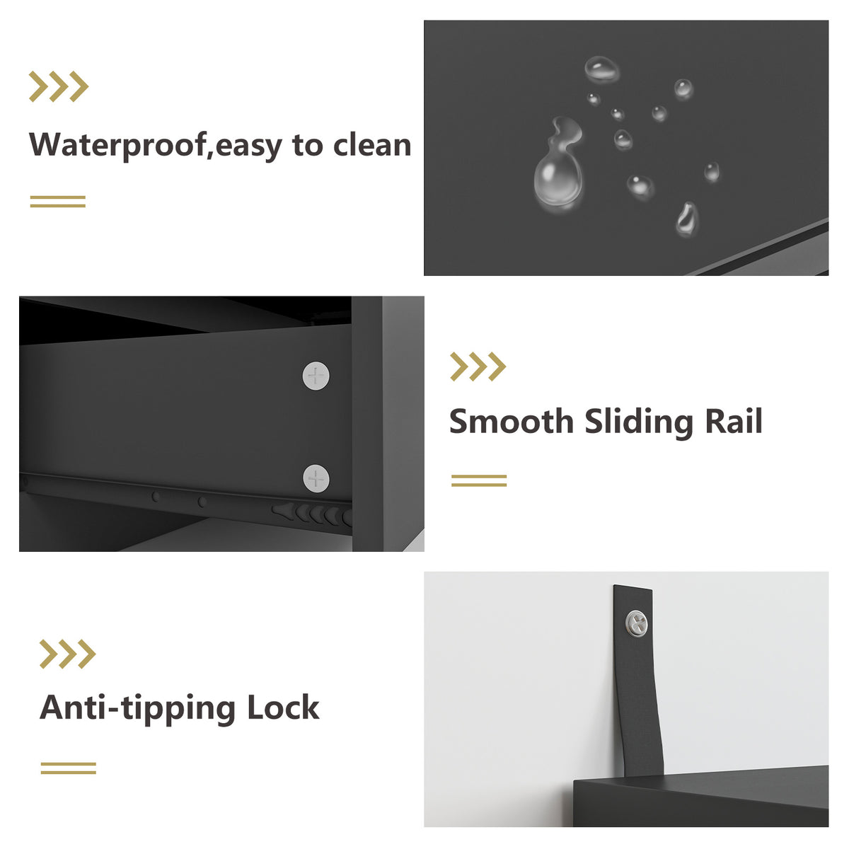 Details of black dresser surface, metal slides and anti-tip hardware