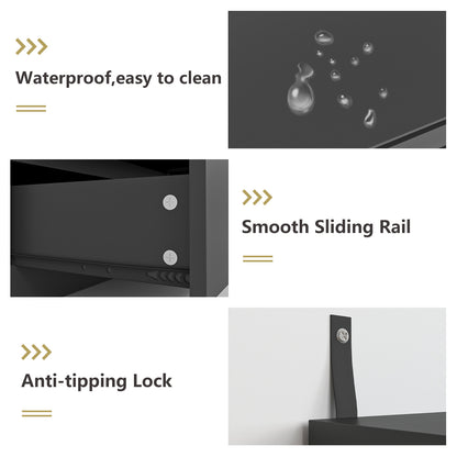 Details of black dresser surface, metal slides and anti-tip hardware