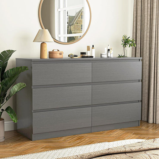 Gray double dresser styled with room accessories