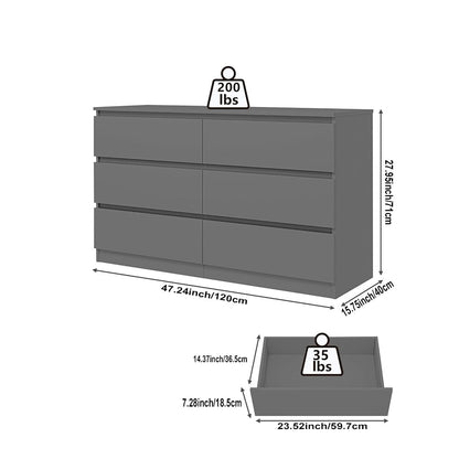 Overall dimensions of gray six-drawer dresser