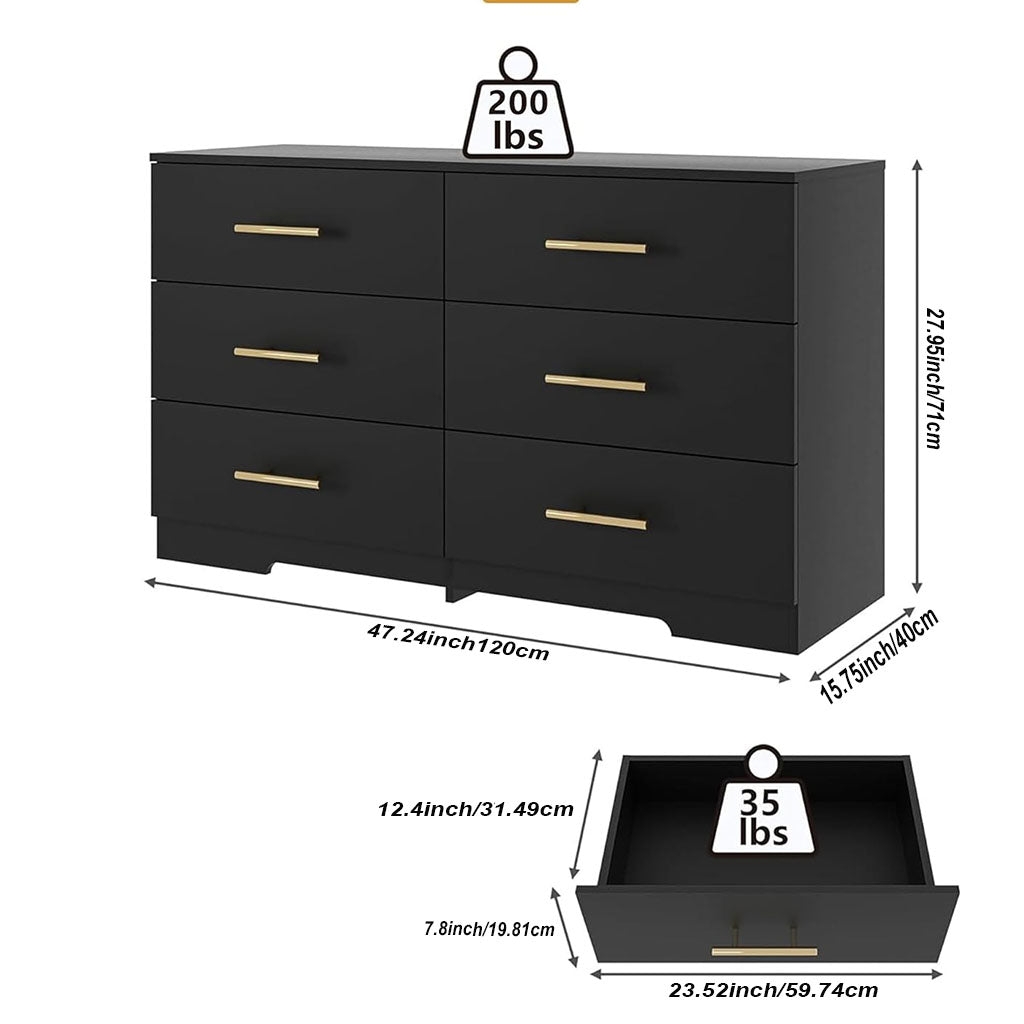 black dresser under 200 Black Oak 6 Drawer Dresser, Rattan Drawer Double Dresser, Wood Storage  Organizer for Bedroom, Closet, Living Room, Entryway