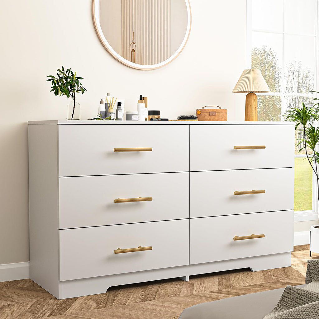 Hommoo White 6 Drawer Dresser Modern Wooden Double Dresser with Gold Handles for Bedroom hommoo Hommoo White 6 Drawer Dresser Modern Wooden Double Dresser with Gold Handles for Bedroom hommoo