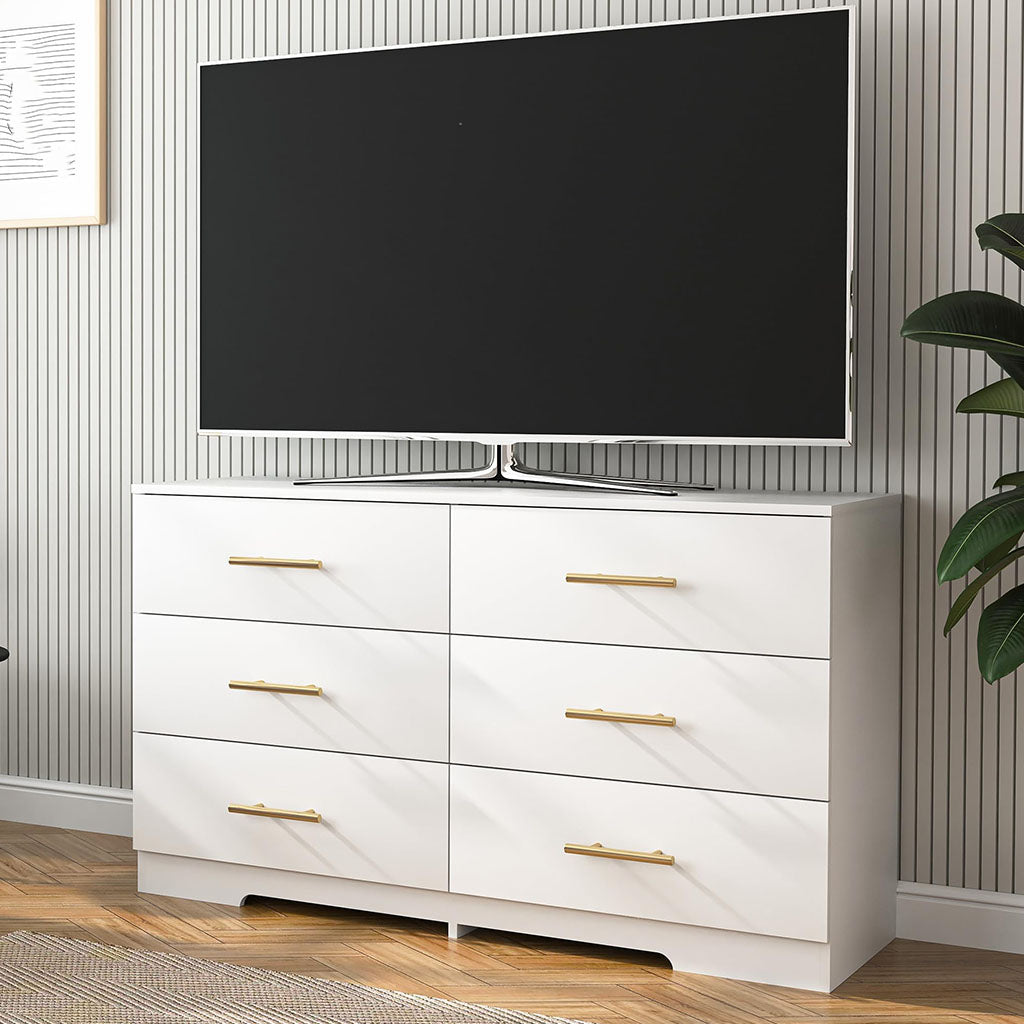 black and gold evening dresses Hommoo White 6 Drawer Dresser – Modern Wooden Double Dresser with Gold  Handles for Bedroom – hommoo