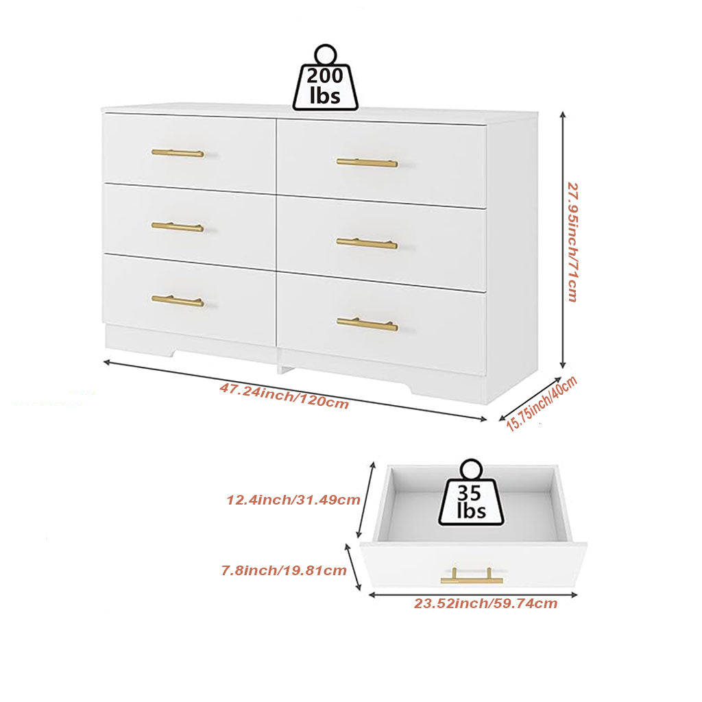 rose gold jewelry with black dress Hommoo White 6 Drawer Dresser – Modern Wooden Double Dresser with Gold  Handles for Bedroom – hommoo