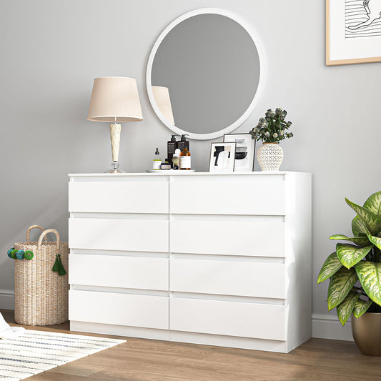 White 8-drawer handleless dresser in a bedroom