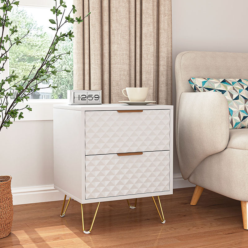 White geometric nightstand used beside living-room seating