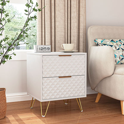 White geometric nightstand used beside living-room seating