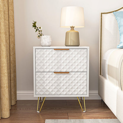 White geometric two-drawer nightstand beside a bed